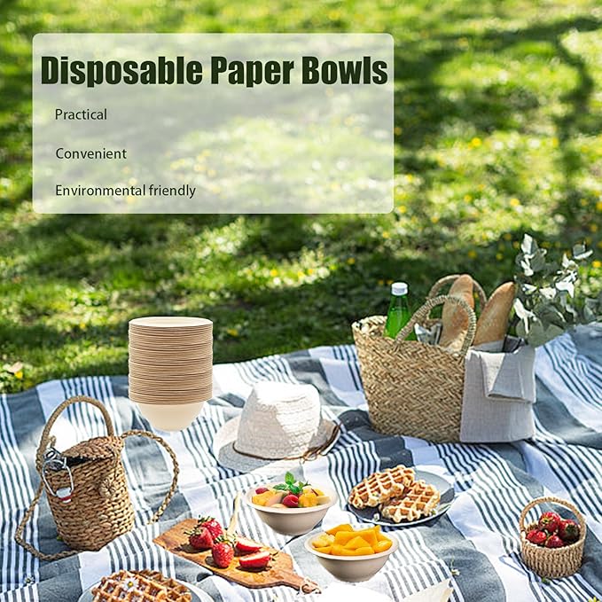 100 Pack 8oz Compostable Paper Bowls,Heavy-Duty Disposable Natural Bagasse Bowls,Biodegradable Soup Bowls