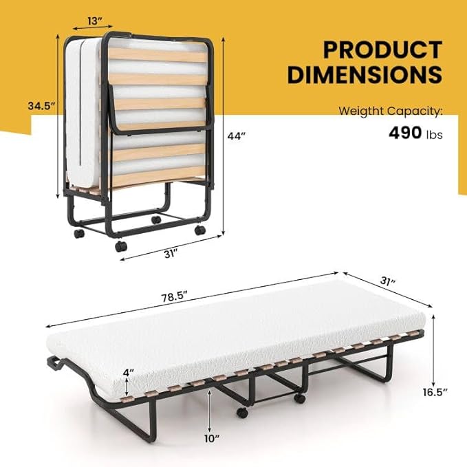Giantex Folding Bed with Mattress for Adults, Cot Size Rollaway Bed for Guest, Portable Foldable Bed w